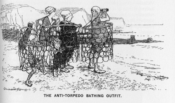 “Le maillot de bain anti-torpilles”, dessin de Ernest Howard Shepard, paru dans Punch, or the London charivari, 4/08/1915.